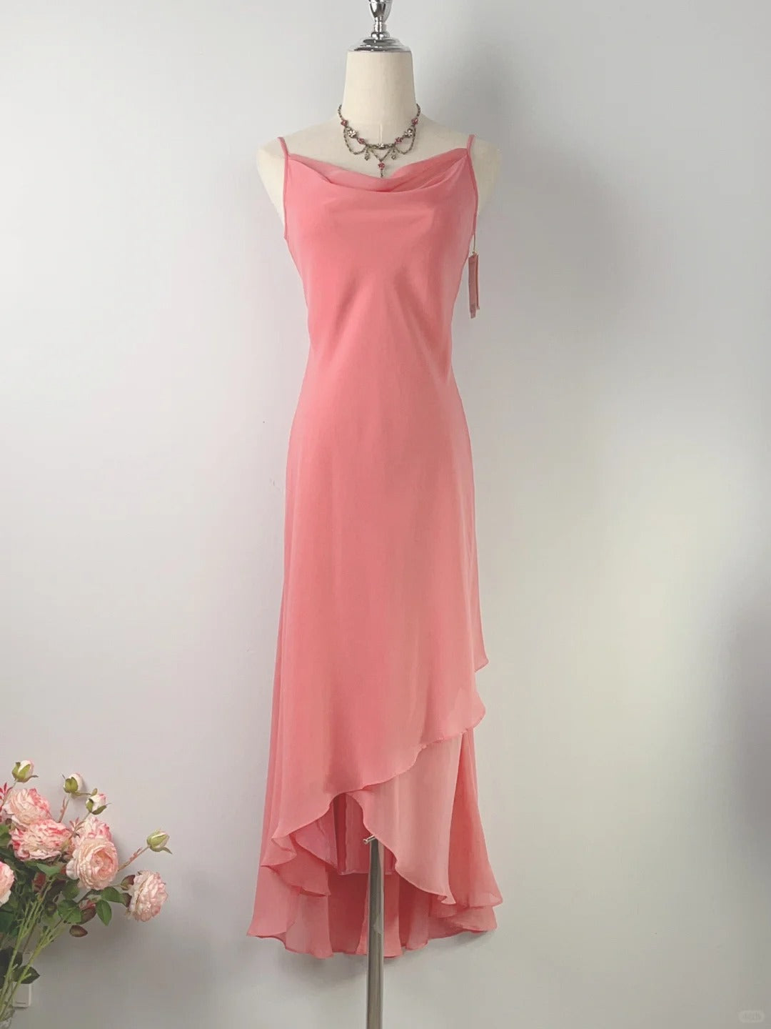 Vintage Etuikleid 80er Spaghetti-Träger Rosa Knöchellang mit Rüschen Ballkleider Festliche Outfits RB3903