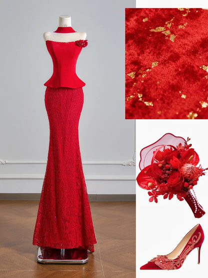 Robe de bal sirène flatteuse sans bretelles en satin rouge et dentelle, longue, idéale pour une soirée formelle ou un anniversaire (N387)