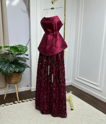 Classy A Line Strapless Sleeveless Burgundy Sequin Satin Long Prom Dresses Inspiration Prom Gown DH2936