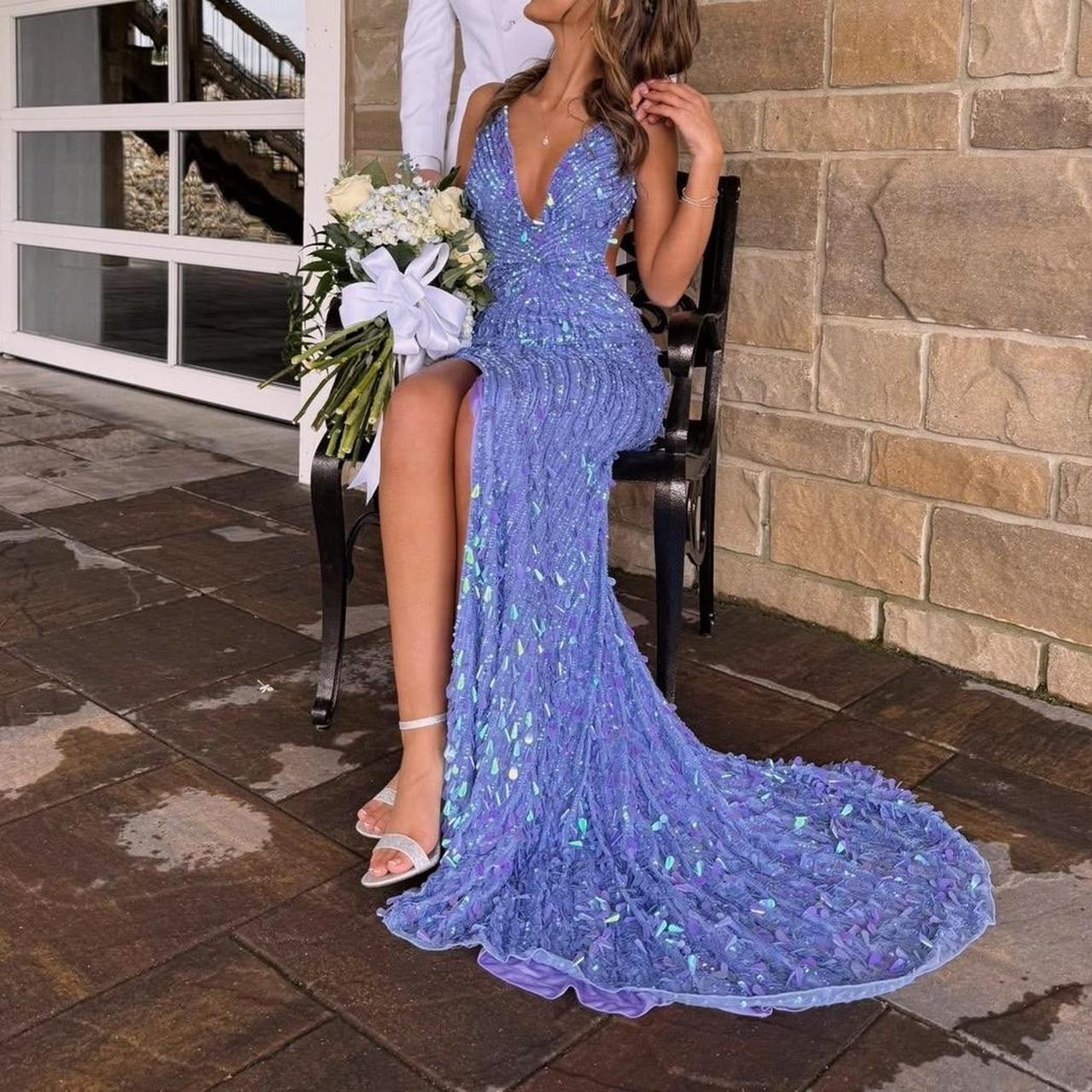Sexy Mermaid V Neck Blue Sequin Beads Split Long Prom Dresses Inspo Prom Gown RB1311