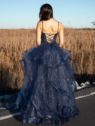 Schickes Ballkleid mit Spaghettiträgern, marineblau, Tüll, lange Ballkleider, Inspiration, Partykleid, Ballkleider RB1295