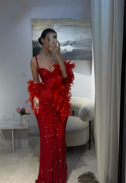 Classy Mermaid Spaghetti Straps Red Sequin Long Prom Dresses Inspo Glitter Prom Gown RB1474