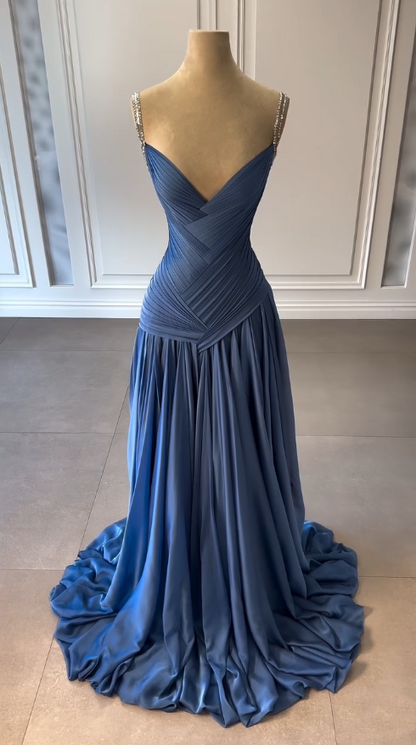 Vintage Mermaid Spaghetti Straps Blue Chiffon Long Prom Dresses Inspiration Prom Gown RB1294