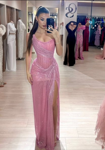 Long Classy Prom Gown Mermaid Strapless Pink Sequins Long Prom Dress Inspiration Party Senior Dance Slit Prom Dresses RB1144