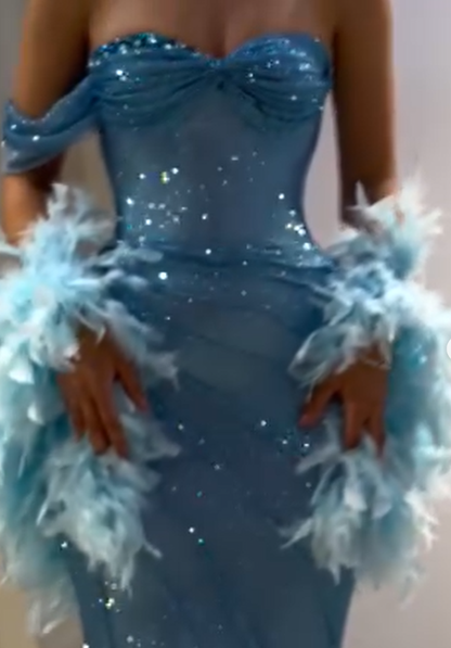 Shiny Mermaid Sweetheart Sequins Sleeveless Blue Beads Long Prom Dresses Inspo Prom Gown RB1375