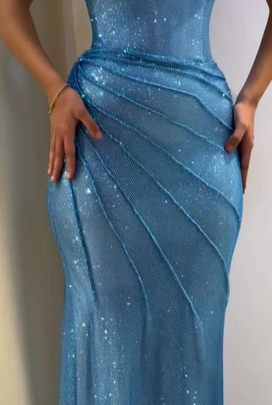 Shiny Mermaid Sweetheart Sequins Sleeveless Blue Beads Long Prom Dresses Inspo Prom Gown RB1375