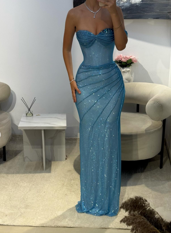 Shiny Mermaid Sweetheart Sequins Sleeveless Blue Beads Long Prom Dresses Inspo Prom Gown RB1375
