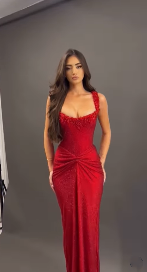 Sexy Mermaid Square Neck Red Sequins Prom Dresses Long Party Dress 22th Birthday Outfits Graduation Dress RB958