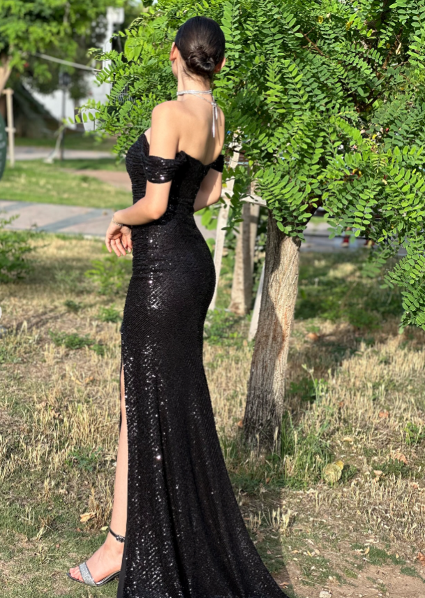 Shinning Mermaid Off The Shoulder Black Sequins Prom Dresses Long 18th Birthday Outfit Senior High School Dance Party Dress RB1238