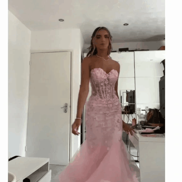 Meerjungfrauen-Abendkleid, ärmellos, Tüll, rosa, lang, elegant, Ballkleid AB942