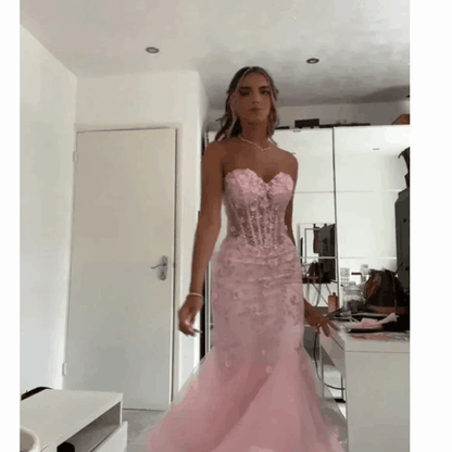 Meerjungfrauen-Abendkleid, ärmellos, Tüll, rosa, lang, elegant, Ballkleid AB942