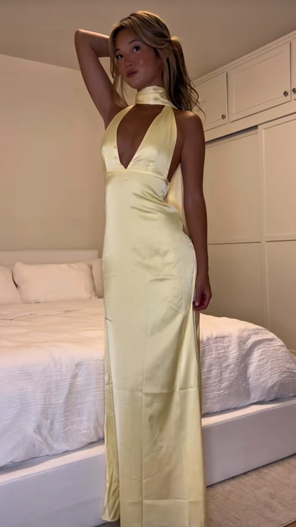 Elegantes, langes, formelles Meerjungfrauen-Abendkleid mit V-Ausschnitt, schmal geschnitten, gelb, mit Schal, AB2054