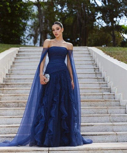 Robe longue de soirée sirène sans bretelles et à pois, épaules dénudées, bleu marine, pour invitée de mariage et bal de promo N2346