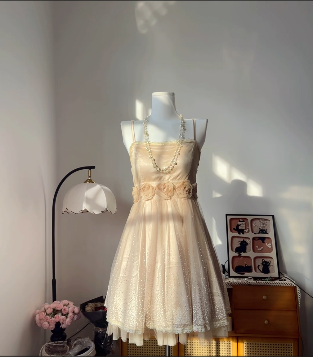 Vintage A Line Spaghetti Strap Champagne Tulle With Flowers 17th Birthday Homecoming Dress Graduation Outfits RB6806