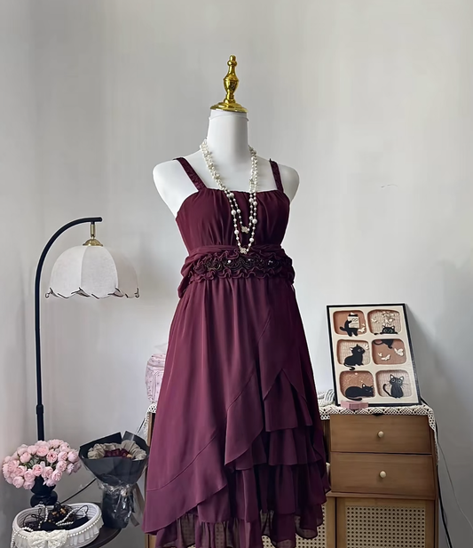 Vintage A Line Spaghetti Strap Burgundy Chiffon With Flowers 16th Birthday Homecoming Dress Graduation Outfits RB6804