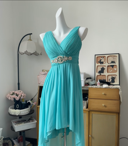 Modest A Line V Neck Chiffon Blue High School Homecoming Dress Inspo Ideas Graduation Outfit Party Dresses RB6968