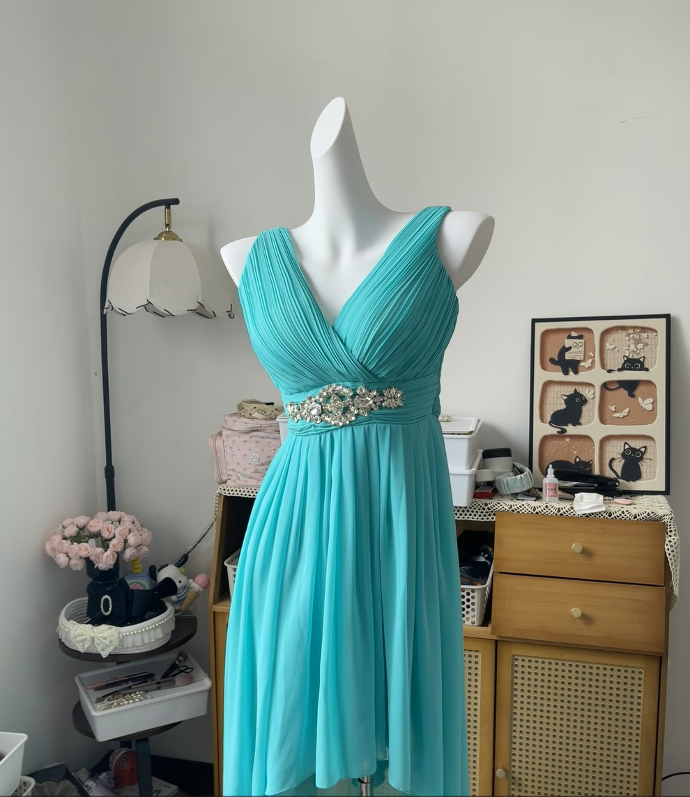 Modest A Line V Neck Chiffon Blue High School Homecoming Dress Inspo Ideas Graduation Outfit Party Dresses RB6968