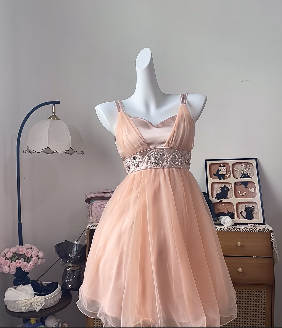 Elegant A line Spaghetti Strap Blush Pink University Ideas Homecoming Dress Inspo Short High School Senior Graduation Outfit RB6972