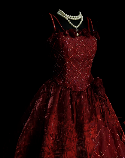 Robe de bal vintage bordeaux à bretelles spaghetti, idéale pour les 16 ans et les quinceañeras (taille 15), référence N1322