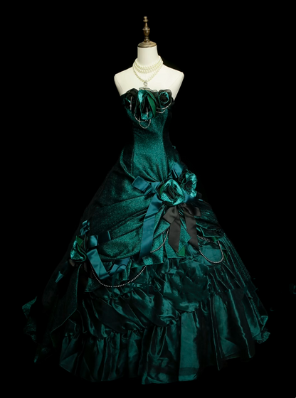Vintage Ball Gown Strapless Dark Green Satin Sweet 16 Dresses Quinceanera Dress Long 15 Vestidos De Fiesta N1324