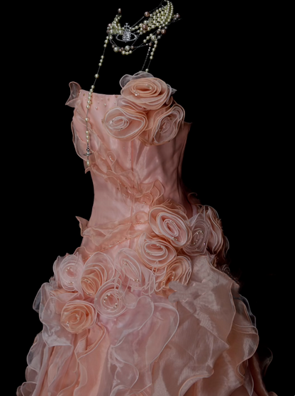 Robe de bal vintage rose bustier à volants, robe de quinceañera longue, taille 15, Vestidos De Fiesta N1325