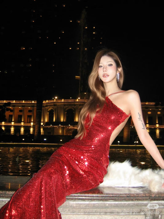 Robe de bal longue rouge à paillettes et col licou, style sirène, élégante, tenue d'anniversaire, RA006