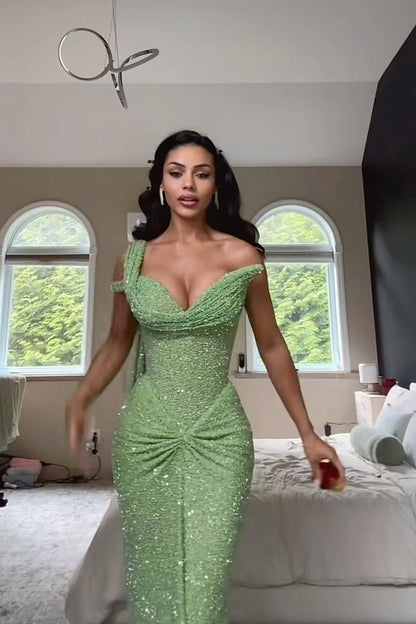 Shiny Mermaid Sweetheart Green Sequins Sleeveless Pleated Long Prom Dresses Inspo Prom Gown RB1378