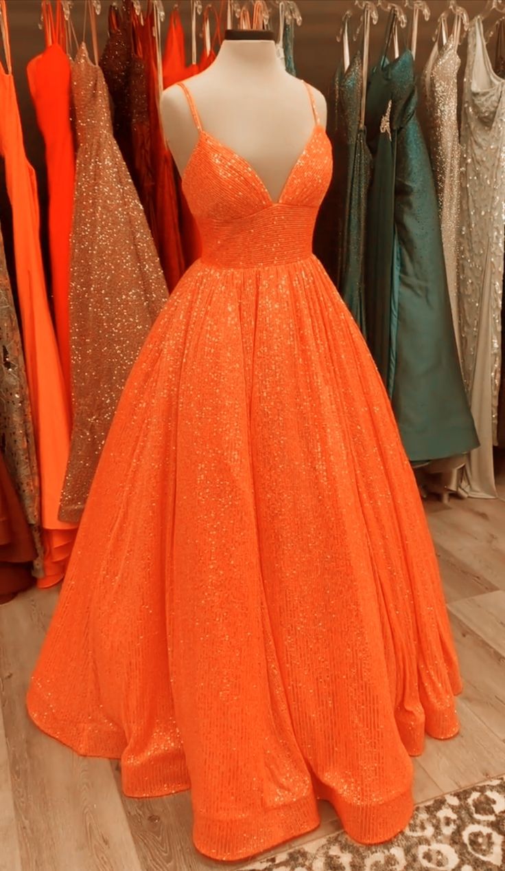 Glitzerndes Ballkleid mit Spaghettiträgern und Pailletten in Orange, Ballkleider, formelle Kleidung zum 18. Geburtstag, Outfits, Ballkleid RA021