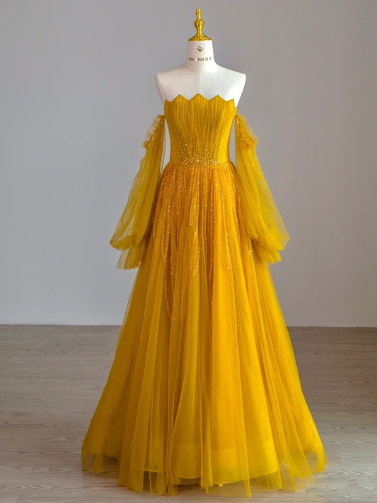 Edles Ballkleid aus schulterfreiem Tüll in Gelb, lange Ballkleider, formelle Kleidung, Geburtstags-Outfits, Ballkleid RA025