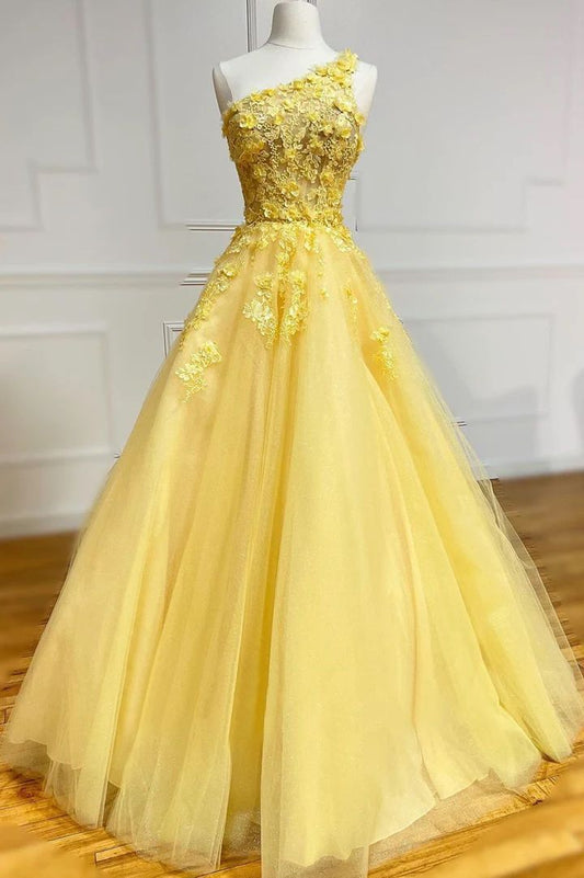 Edles Ballkleid mit einer Schulter, Spitze, Tüll, gelb, lange Ballkleider, formelle Kleidung, Geburtstags-Outfits, Abendkleid RA030