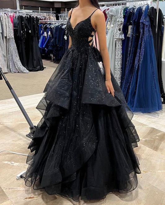 Hübsches Ballkleid mit Spaghettiträgern, schwarzem Tüll, Ballkleider, formelle Kleidung, 19. Geburtstag, Outfits, Ballkleid RA038
