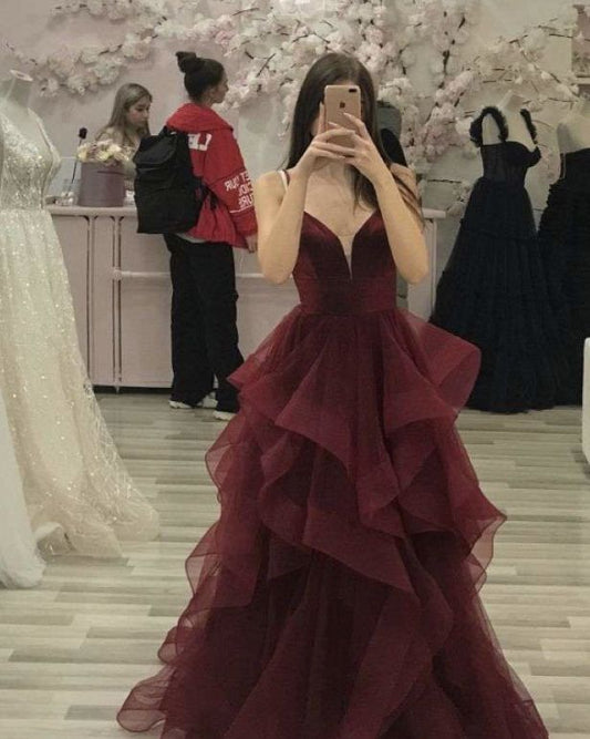 Süßes Ballkleid mit Spaghettiträgern, Burgunderrot, Tüll, Ballkleider, Abendkleid, 19. Geburtstag, Outfits, Ballkleid RA042