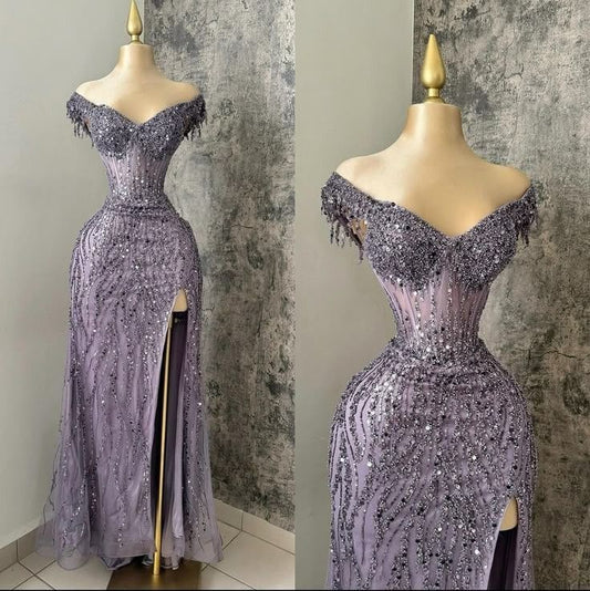 Modern Mermaid Off The Shoulder Light Grape Slit Prom Dresses Formal Dress 18th Birthday Outfits Prom Gown RA046