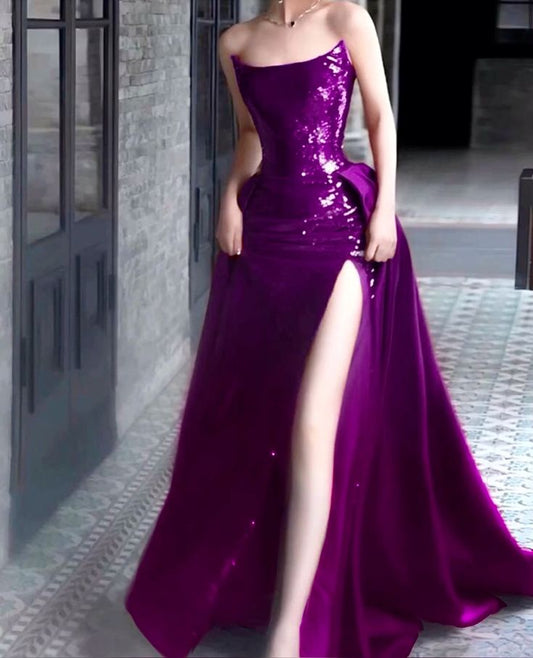 Amazing Mermaid Strapless Grape Sequin Slit Long Prom Dresses Inspiration Party Dress Prom Gown RA058