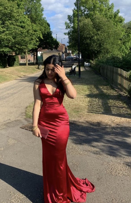 Modern Mermaid V Neck Red Satin Prom Dresses Formal Dress 18th Birthday Outfits Prom Gown RA069