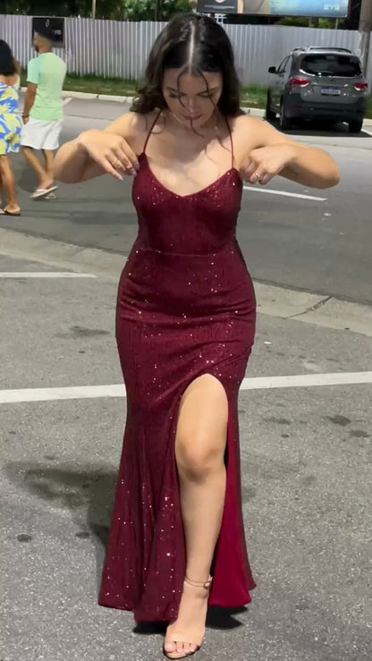 Sexy Mermaid Spaghetti Straps Burgundy Slit Prom Dresses Formal Dress 18th Birthday Outfits Prom Gown RA071
