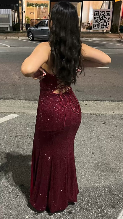 Sexy Mermaid Spaghetti Straps Burgundy Slit Prom Dresses Formal Dress 18th Birthday Outfits Prom Gown RA071