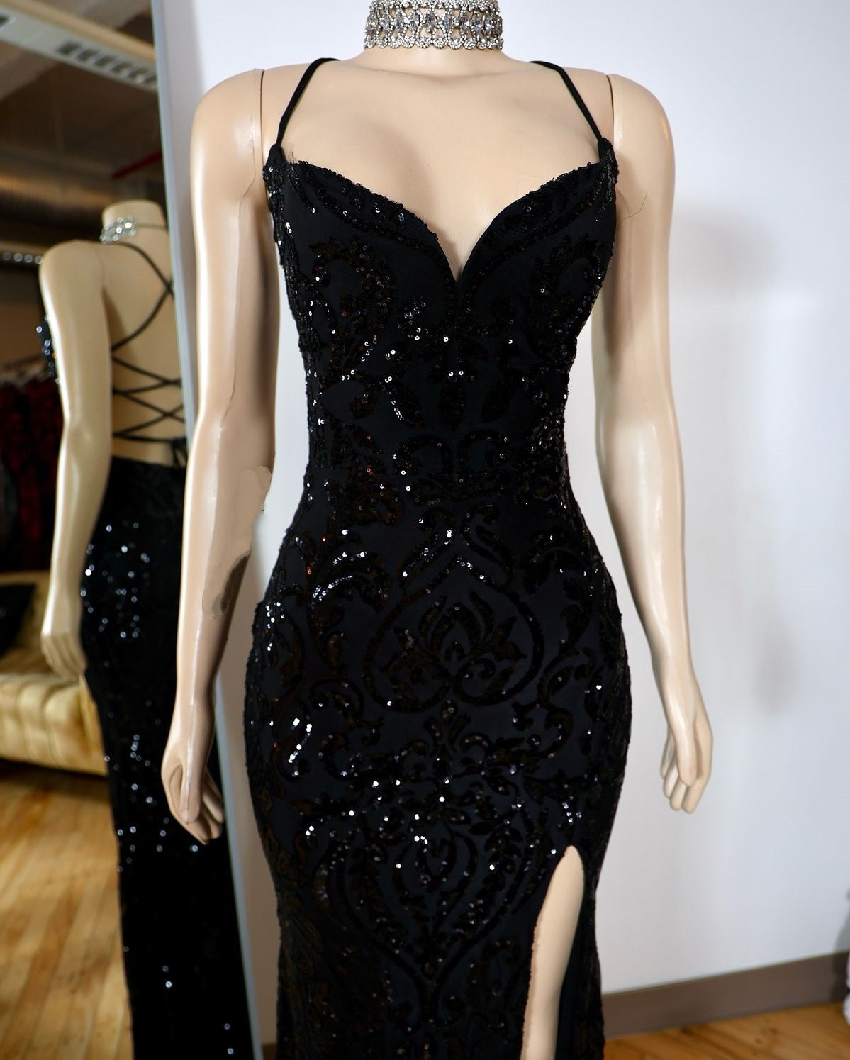 Sexy Mermaid Spaghetti Straps Black Sequin Slit Prom Dresses Formal Dress 18th Birthday Outfits Prom Gown RA074