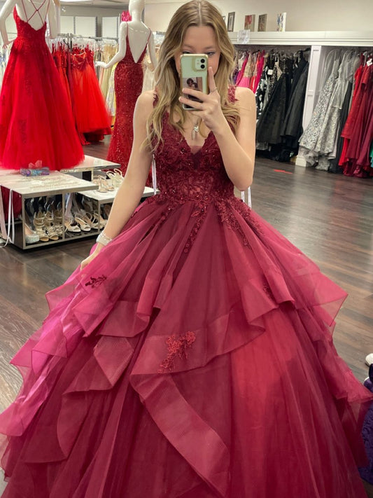 Edles Ballkleid mit Spaghettiträgern in Burgunderrot mit Tüll, lange Ballkleider, Inspiration, Partykleid, Ballkleider RA086