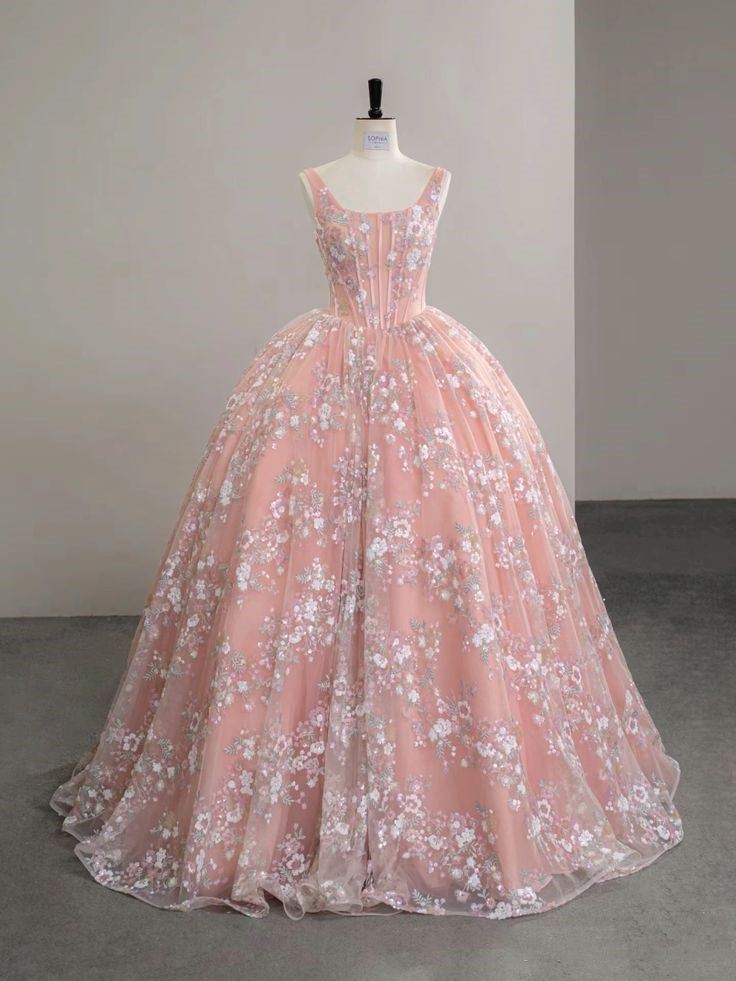 Charming Ball Gown Square Neck Lace Pink Long Quinceanera Dress Sweet 15 16 Dresses RA088