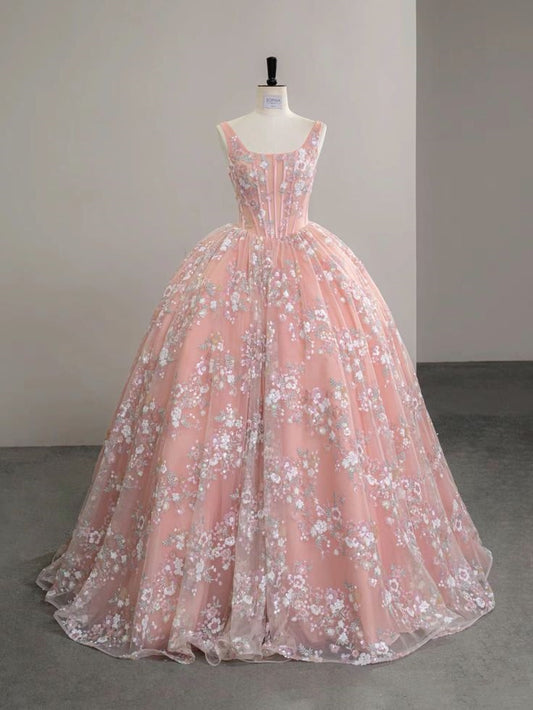 Charming Ball Gown Square Neck Lace Pink Long Quinceanera Dress Sweet 15 16 Dresses RA088