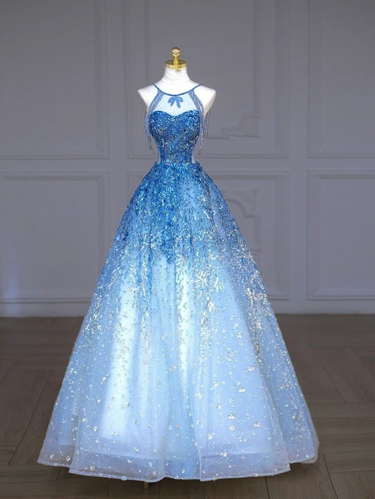 Shinning Ballkleid Blau Perlen Tüll Senior Ästhetische Ballkleider Ballkleider Formale Outfits Abschlusskleid RA097
