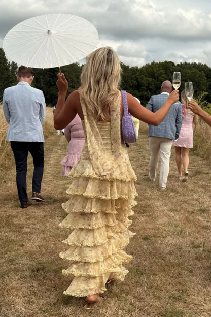 Schlichtes Etuikleid, trägerlos, gelb, Chiffon, Blumenmuster, langes Ballkleid, Partykleid zum 22. Geburtstag, Outfits, Abschlusskleid RB010