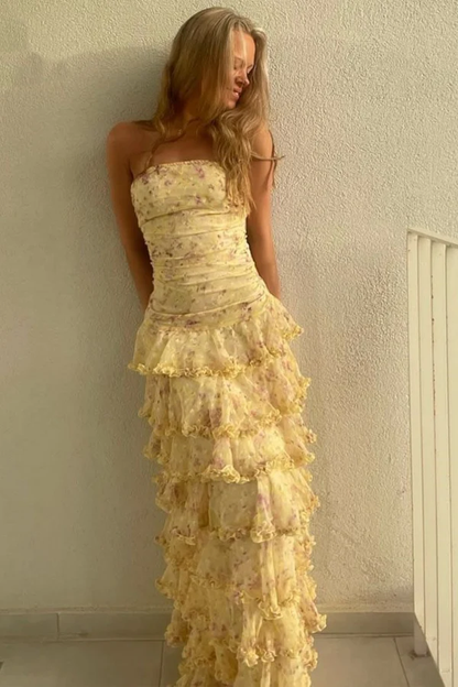Schlichtes Etuikleid, trägerlos, gelb, Chiffon, Blumenmuster, langes Ballkleid, Partykleid zum 22. Geburtstag, Outfits, Abschlusskleid RB010