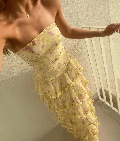 Schlichtes Etuikleid, trägerlos, gelb, Chiffon, Blumenmuster, langes Ballkleid, Partykleid zum 22. Geburtstag, Outfits, Abschlusskleid RB010