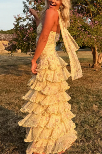 Schlichtes Etuikleid, trägerlos, gelb, Chiffon, Blumenmuster, langes Ballkleid, Partykleid zum 22. Geburtstag, Outfits, Abschlusskleid RB010