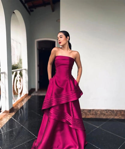 Ethereal Ball Gown Strapless Fuchsia Satin Prom Dresses Long Party Dress 18th Birthday Outfit Graduation Dress RB1000