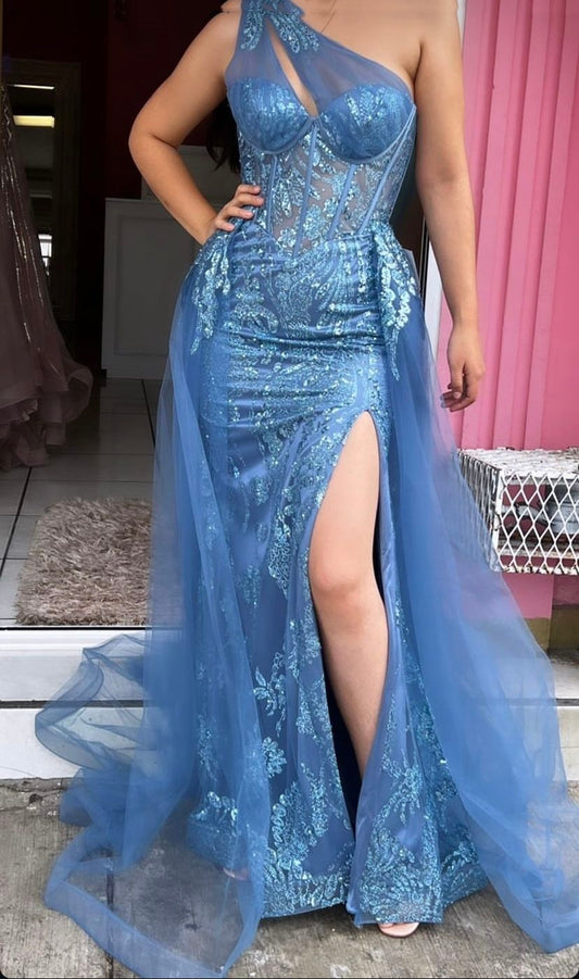 Unique Mermaid One Shoulder Lace Blue Slit Prom Dresses inspiration Long Party Dress Birthday Outfits Graduation Dress RB1012
