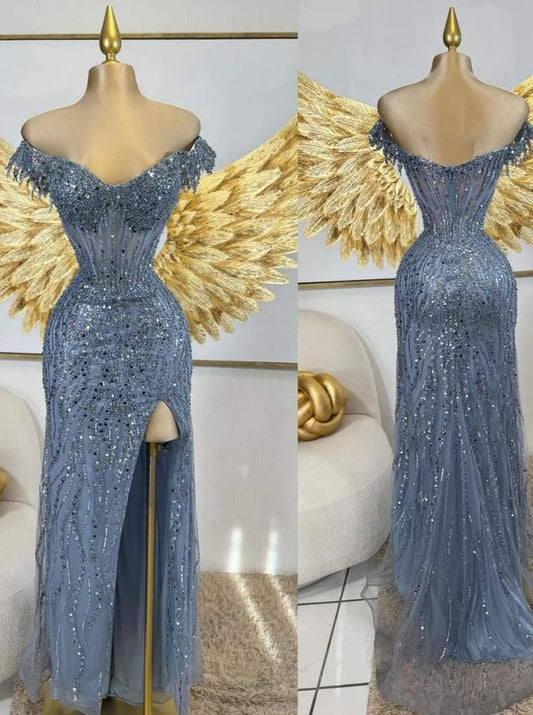 Unique Mermaid Off The Shoulder Blue Slit Prom Dresses inspiration Long Party Dress Birthday Outfits Graduation Dress RB1013
