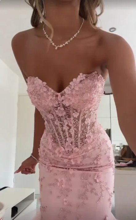 Cute Mermaid Sweetheart Pink Lace Prom Dresses Long Party Dress 18th Birthday Outfit Graduation Dress RB1024
